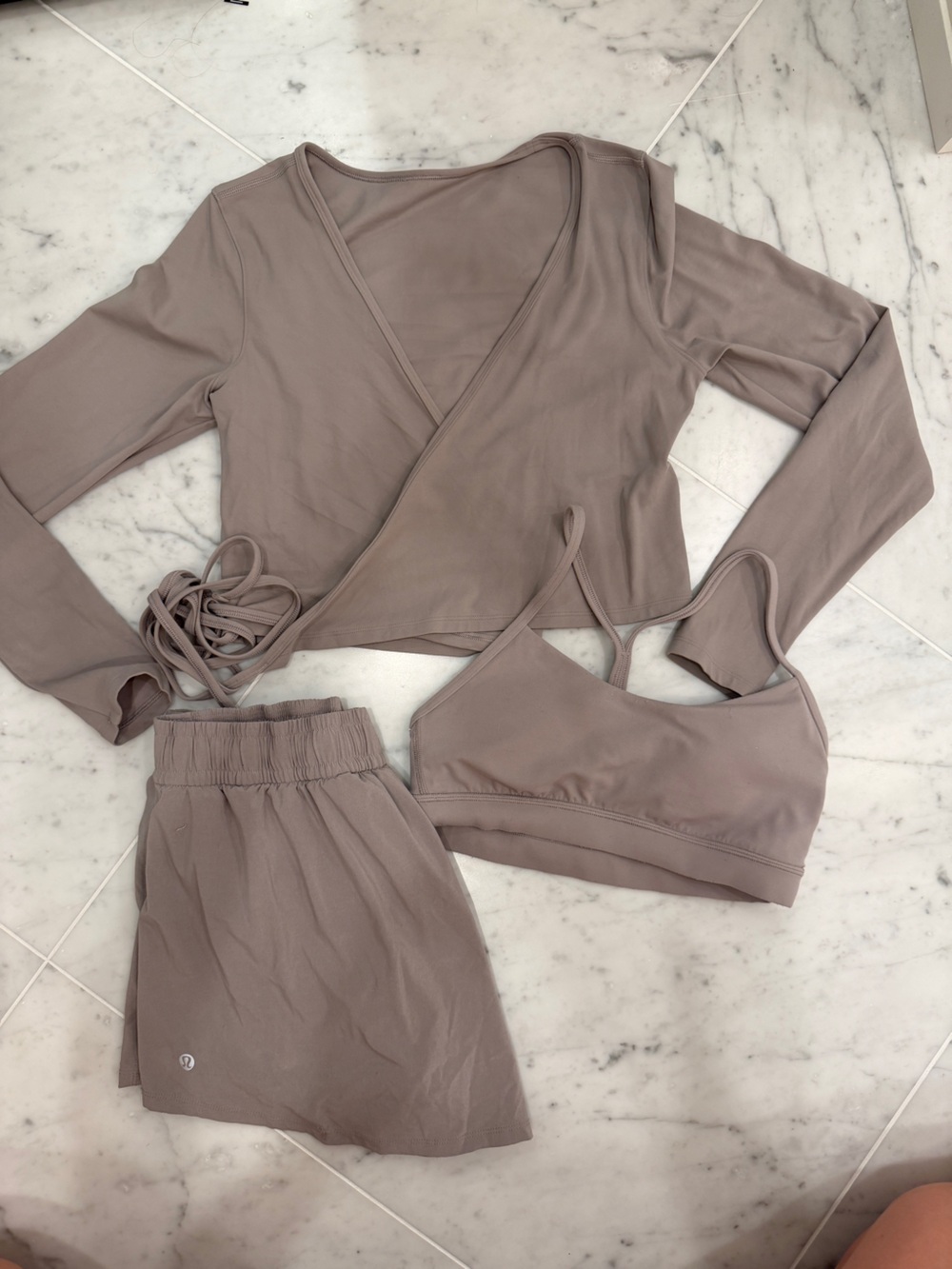 Lululemon 3-Piece Set - Taupe Wrap Top, Sports Bra & Shorts